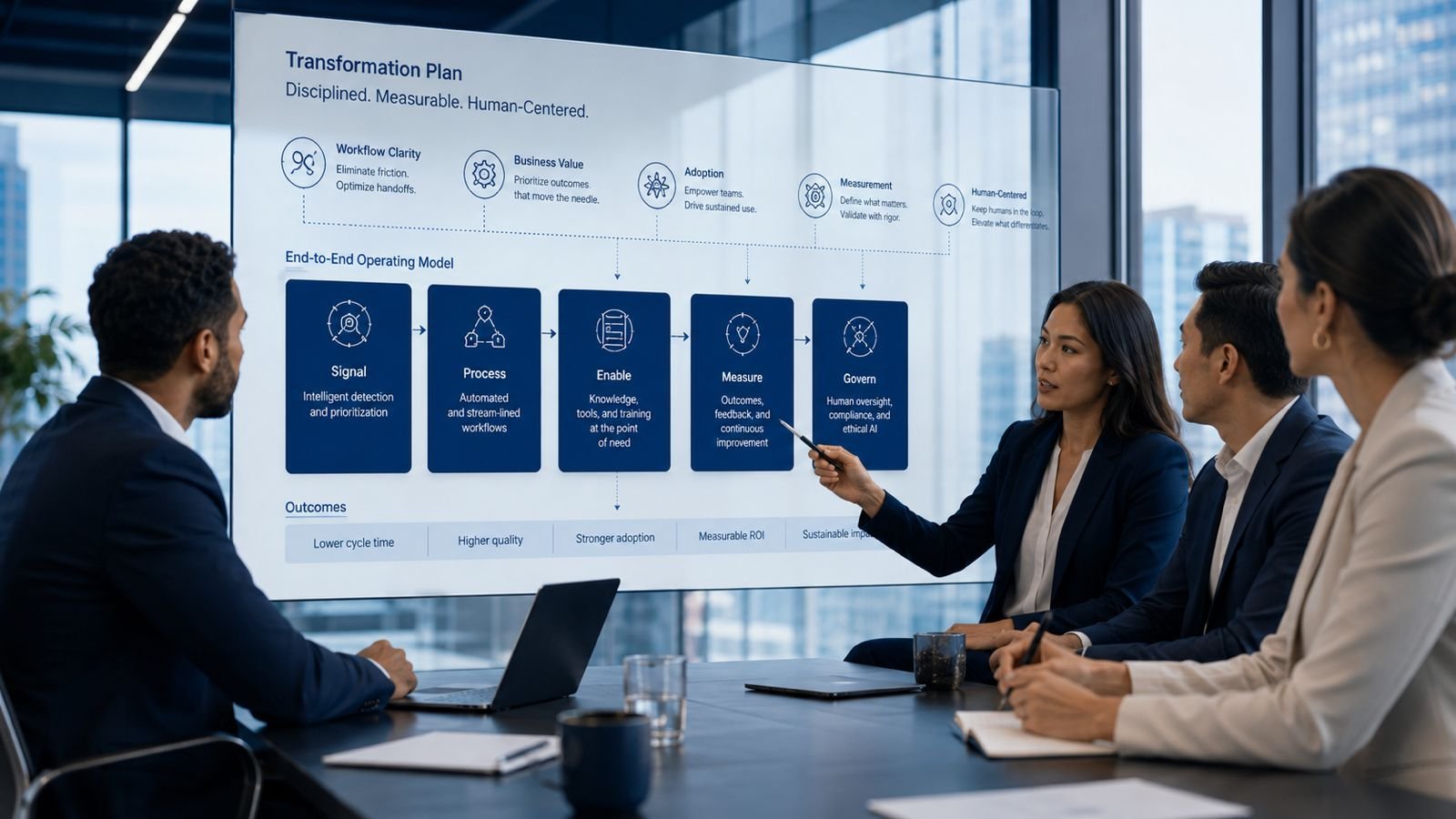 Advisors reviewing a transformation plan on a wall display with a client team