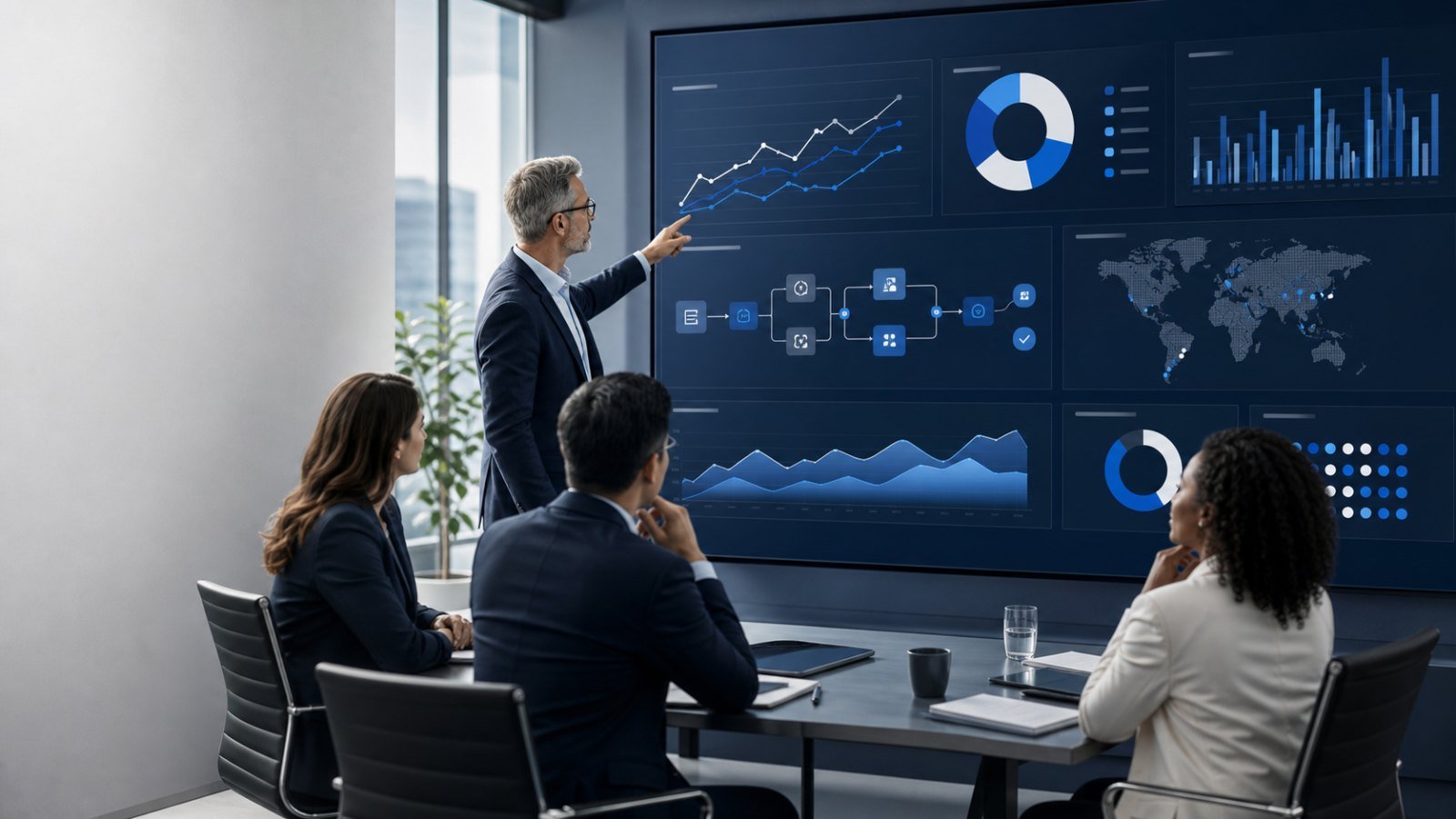 Business leaders reviewing operational performance, workflow, and growth analytics
