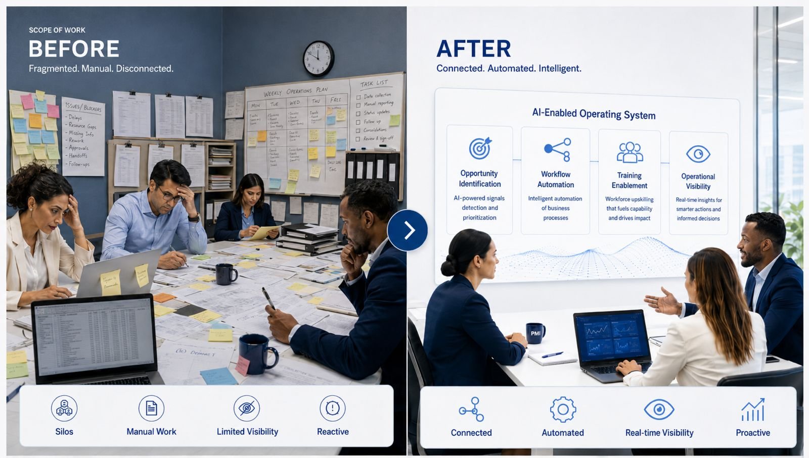 Side-by-side comparison: a team buried in paper and spreadsheets versus a team reviewing one connected, AI-enabled operating dashboard